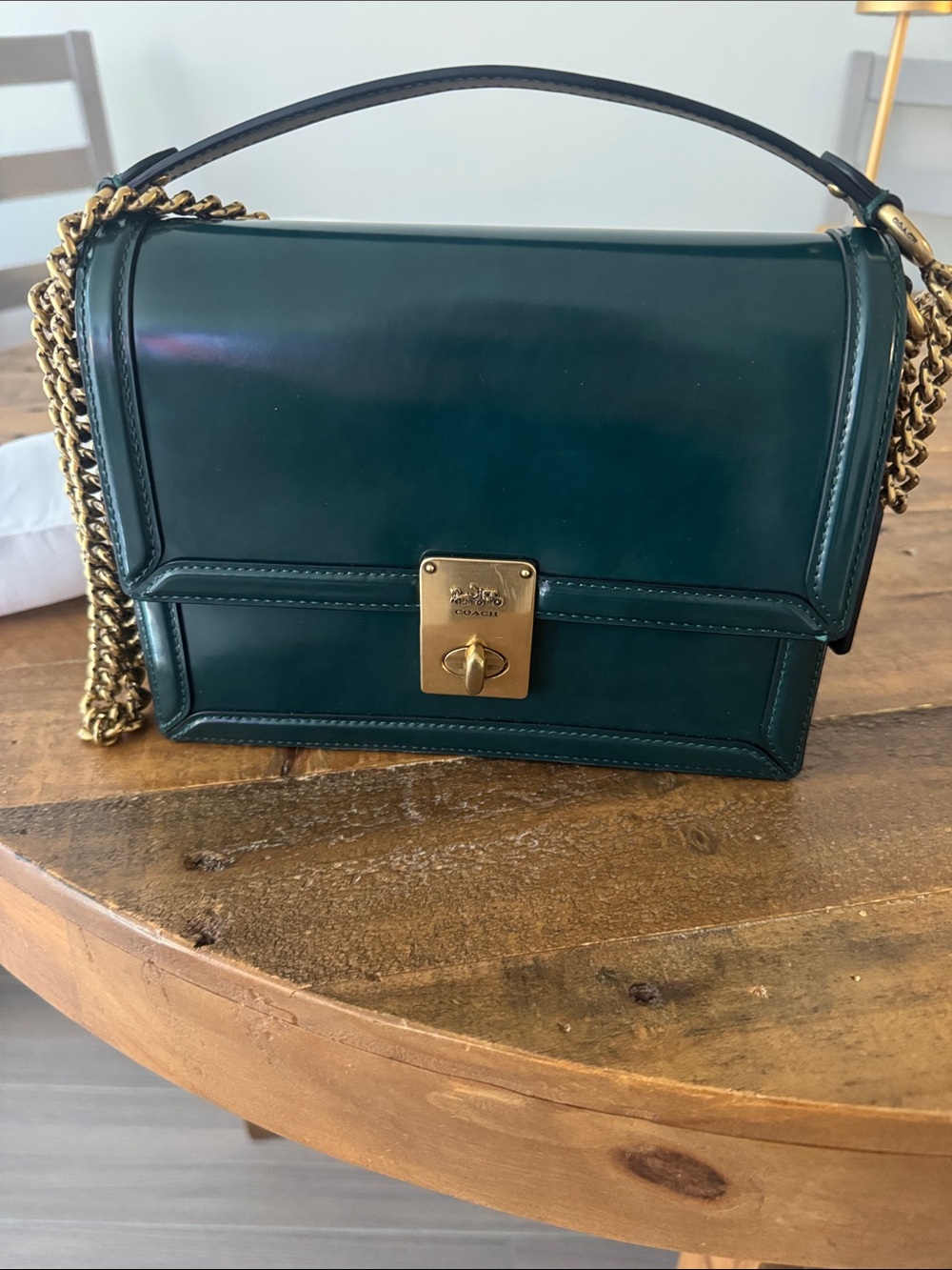 Coach Deep Teal Leather Turnlock Shoulder Bag with Gold Hardware
